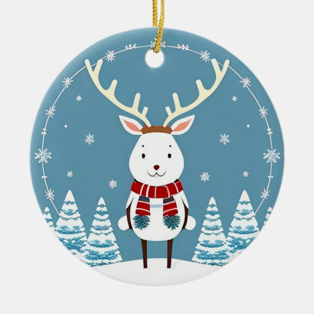 Festive Cartoon Reindeer with Scarf Ceramic Tree Decoration (Front)
