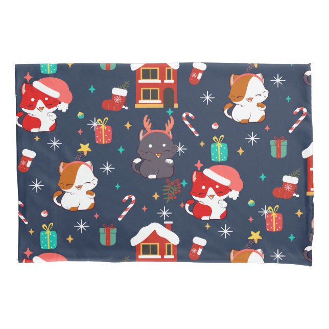 Festive Cartoon Santa Cat Celebration Pillowcase (Front)