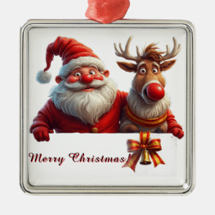 Festive Cartoon Santa Claus and Reindeer Metal Tree Decoration