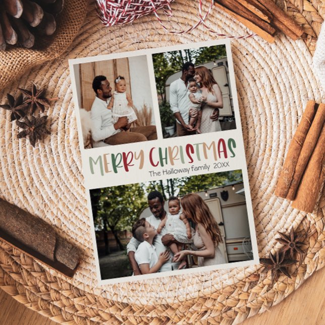 Festive Casual Colourful Christmas Bold Three Phot Holiday Card (Creator Uploaded)