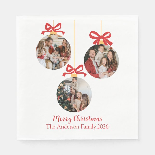 Festive Casual Merry Christmas Ornament Photo Red  Napkin (Front)