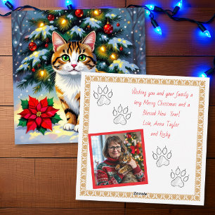 Festive Cat and Poinsettia Customized Christmas Holiday Card