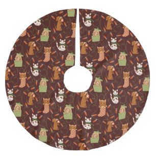 Festive Cat Dog Christmas Lights Red Brushed Polyester Tree Skirt