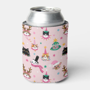 Festive Cat Faces in Holiday Hats Pattern Can Cooler