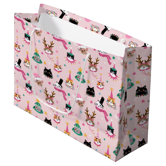 Festive Cat Faces in Holiday Hats Pattern Large Gift Bag (Front Angled)