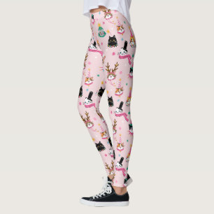 Festive Cat Faces in Holiday Hats Pattern Leggings