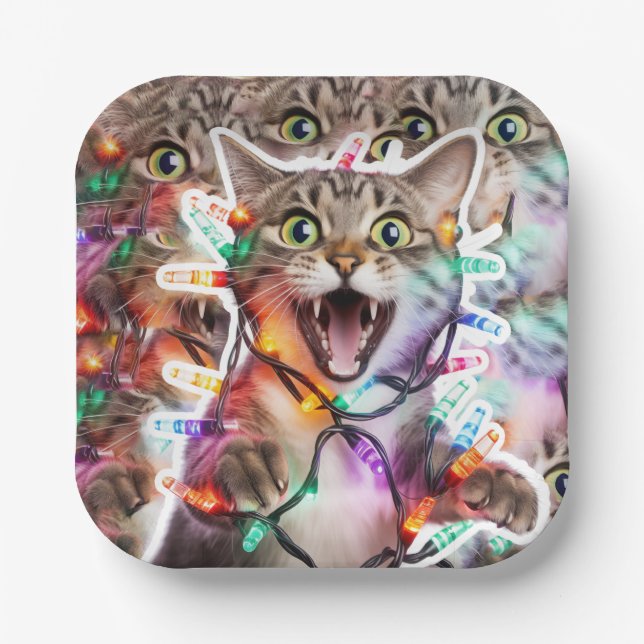 Festive Cat Paper Plate with Holiday Lights (Front)