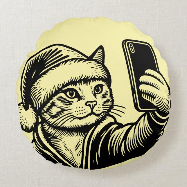 Festive Cat Selfie Round Cushion (Front)