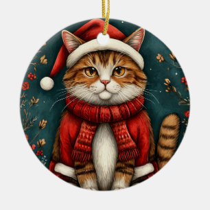 Festive Cat Wearing Santa Hat and Scarf Ceramic Tree Decoration