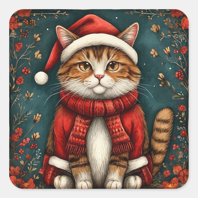 Festive Cat Wearing Santa Hat and Scarf Square Sticker (Front)