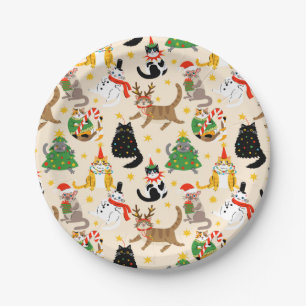 Festive Cats Christmas Pattern Paper Plate