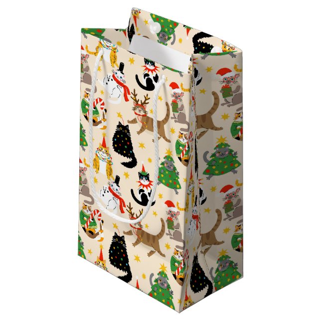 Festive Cats Christmas Pattern Small Gift Bag (Front Angled)