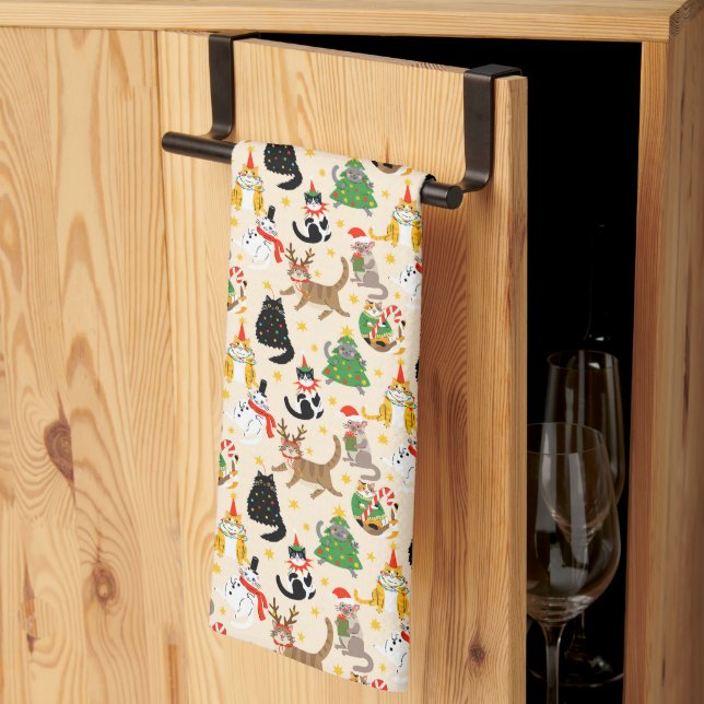 Festive Cats Christmas Pattern Tea Towel (Thirds Fold)
