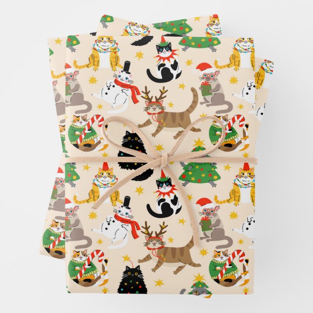 Festive Cats Christmas Pattern Wrapping Paper Sheet (In situ)