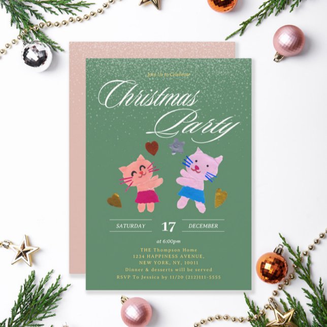 Festive cats moss green Christmas party Invitation (Creator Uploaded)