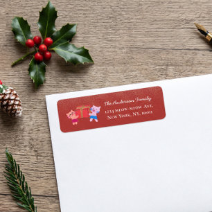 Festive Cats Snow Falling Red Xmas Return Address