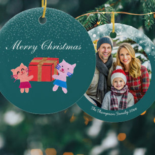 Festive cats w gift box dark green Christmas photo Ceramic Tree Decoration