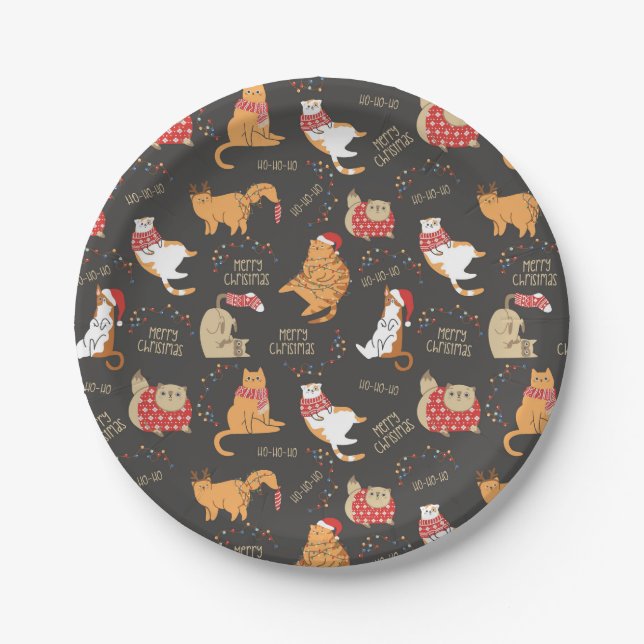 Festive Cats with Lights Christmas Pattern Paper Plate (Front)