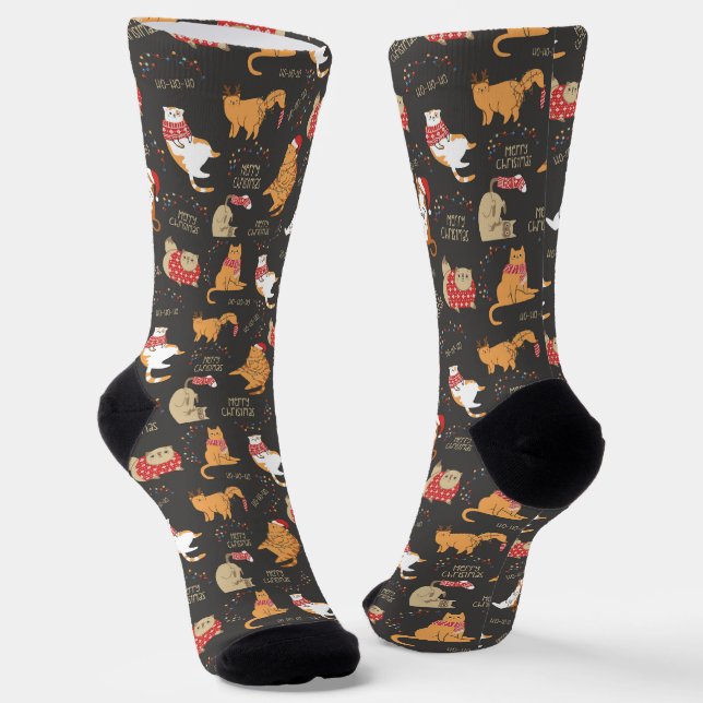 Festive Cats with Lights Christmas Pattern Socks (Angled)