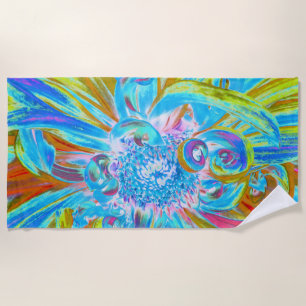 Festive Chartreuse and Blue Dahlia Flower Petals Beach Towel