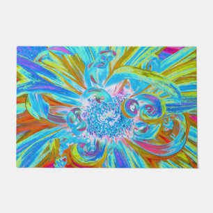 Festive Chartreuse and Blue Dahlia Flower Petals Doormat
