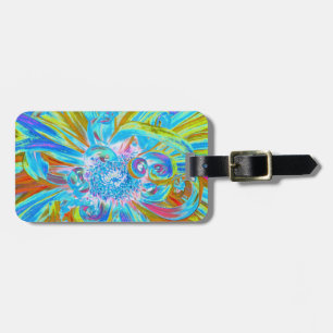 Festive Chartreuse and Blue Dahlia Flower Petals Luggage Tag
