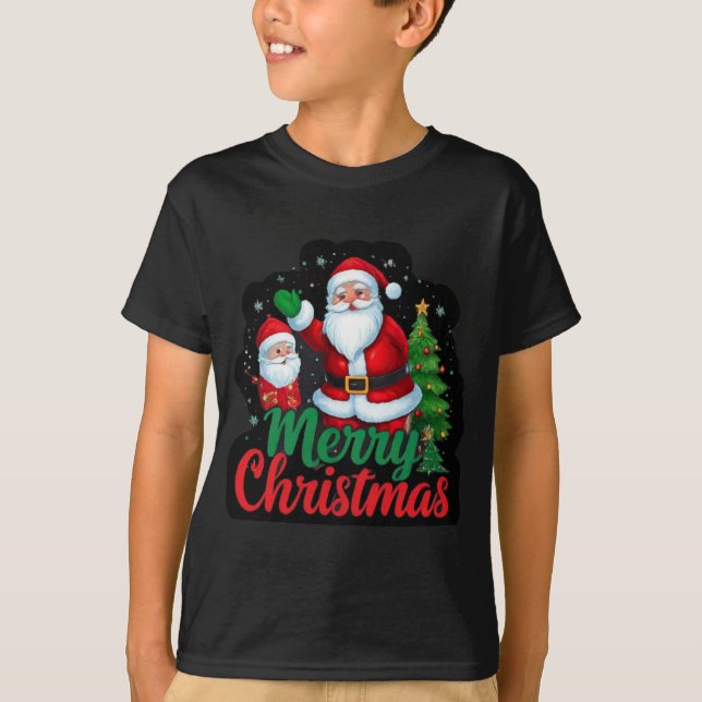 "Festive Cheer: Merry Christmas Tree & Santa Desig T-Shirt (Front)