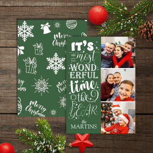 Festive Cheerful Green Christmas 3 Photo Holiday Card