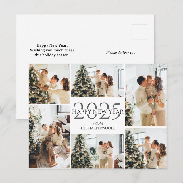 Festive Cheers | Elegant Happy New Year 6 Photo Holiday Postcard (Front/Back)
