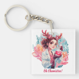 Festive Chemist Girl Watercolor Science Art Key Ring