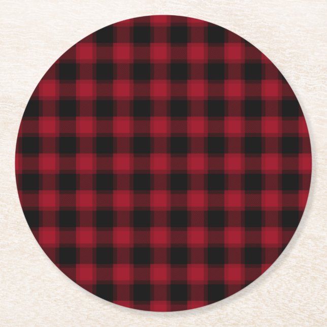 Festive Chequered Red & Black Plaid Pattern Round Paper Coaster (Front)