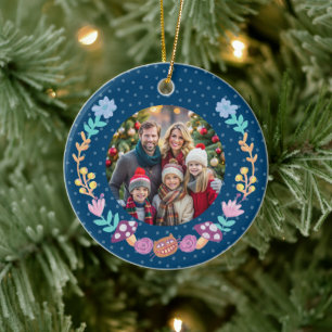 Festive Cheshire Cat Floral Wreath Navy Christmas Ceramic Tree Decoration