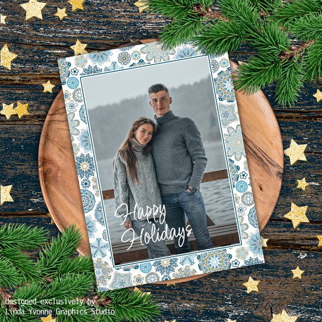 Festive Chic Floral Mandala Snow Flakes Pattern Holiday Card (Creator Uploaded)