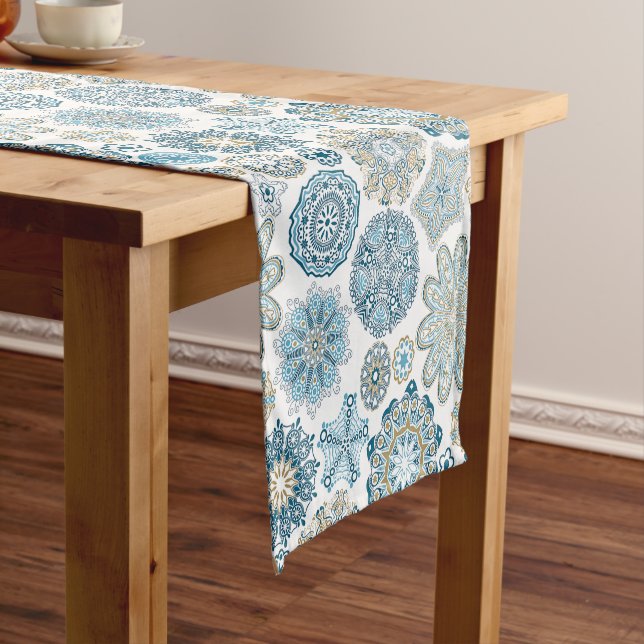 Festive Chic Floral Mandala Snow Flakes Pattern Short Table Runner (In Situ)