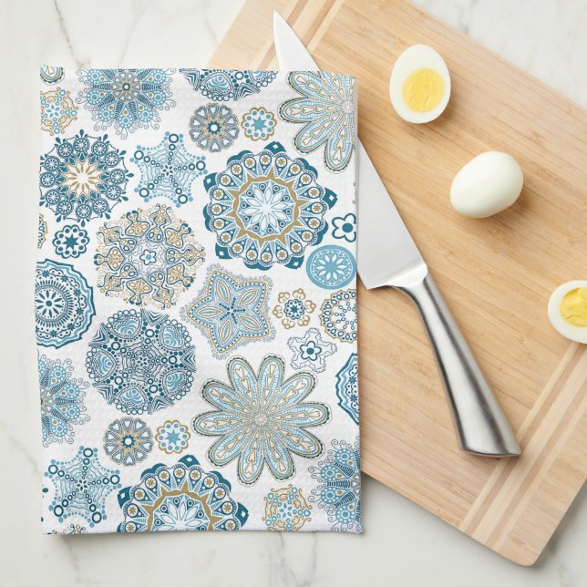 Festive Chic Floral Mandala Snow Flakes Pattern Tea Towel (Quarter Fold)