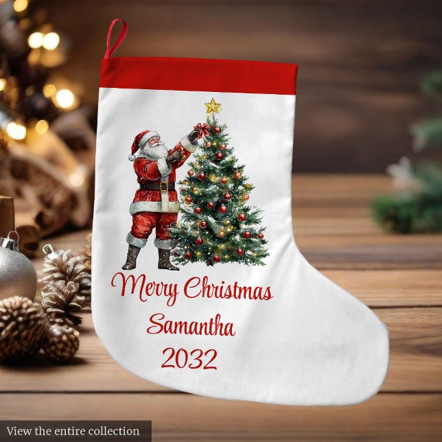 Festive Chic Santa Claus Red White Rustic Holiday Large Christmas Stocking (Festive Santa Claus Red White Rustic Holiday Stocking)