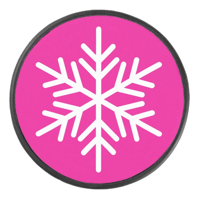Festive Chic White Nordic Snowflake On Bright Pink Hockey Puck (Front)