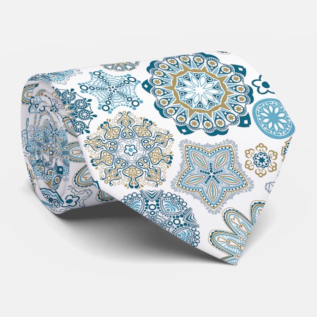 Festive Chic Winter Mandala Snow Flakes Pattern Tie (Rolled)