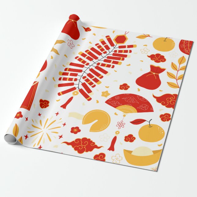 Festive Chinese New Year Pattern Wrapping Paper (Unrolled)