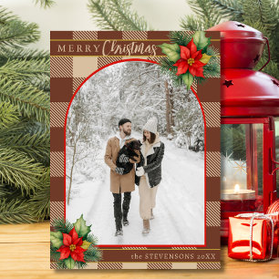 Festive Chocolate Buffalo Plaid Floral Christmas Holiday Card