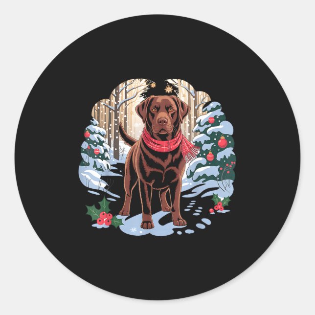 Festive Chocolate Lab In Snowy Forest Winter Xmas  Classic Round Sticker (Front)