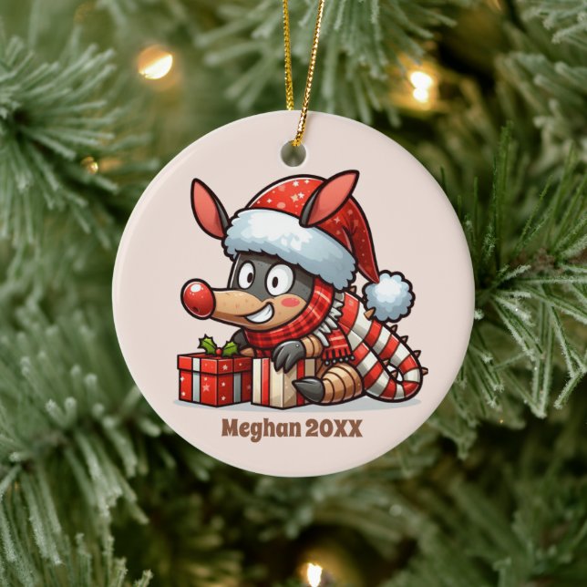 Festive Christmas add name year armadillo Ceramic  Tree Decoration (Tree)