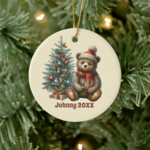 Festive Christmas add name year message bear Ceramic Tree Decoration