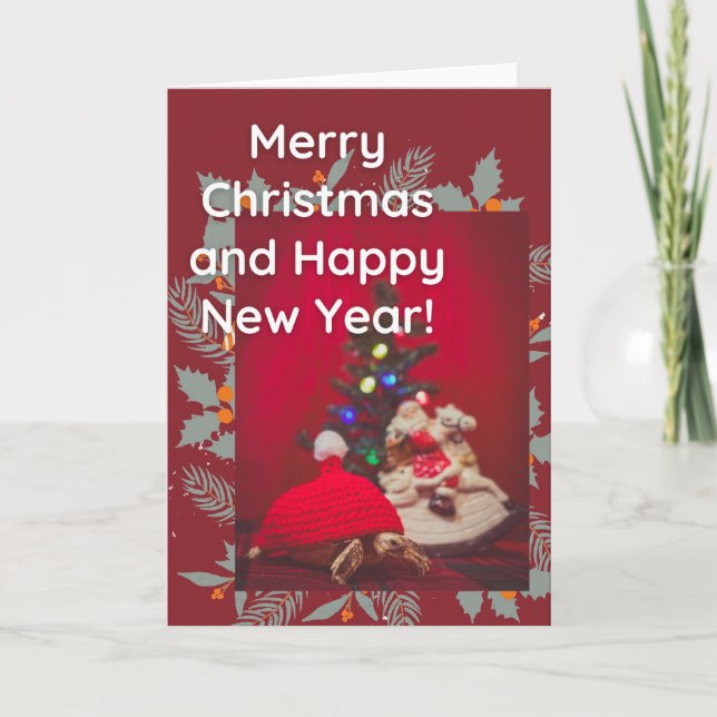 Festive Christmas Baby Sulcata Tortoise in red hat Card (Front)