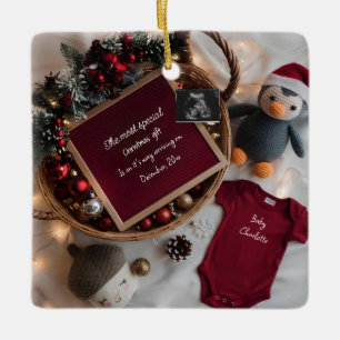 Festive Christmas basket pregnancy announcement Ceramic Ornament
