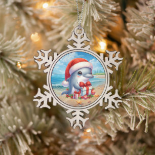 Festive Christmas beach dolphin Snowflake Pewter Christmas Ornament