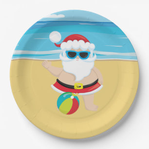 Festive Christmas beach Santa Holiday Paper Plate