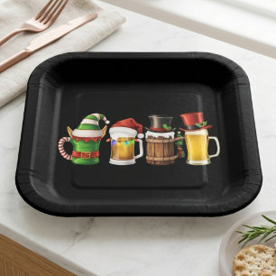 Festive Christmas Beer Drinks with Holiday Hats Paper Plate