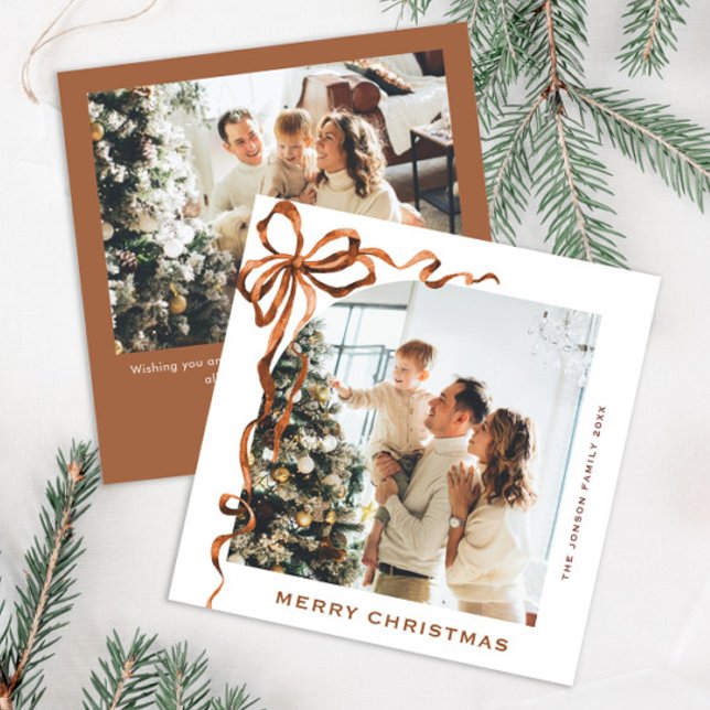 Festive Christmas Beige Boho Bow Ribbon 2 Photo Holiday Card (Creator Uploaded)