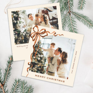 Festive Christmas Beige Boho Bow Ribbon 2 Photo Holiday Card